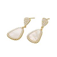 Brass Drop Earring with Shell Triangle plated micro pave cubic zirconia & for woman nickel lead & cadmium free Sold By Pair