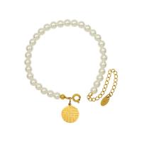 Plastic Bracelet Titanium Steel with Plastic Pearl with 5cm extender chain Flat Round Vacuum Ion Plating for woman golden 12mm Length Approx 20 cm Sold By PC