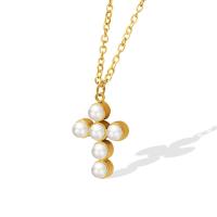 Titanium Steel Necklace, with Plastic Pearl, with 5cm extender chain, Cross, Vacuum Ion Plating, for woman, golden, 12x19mm, Length:Approx 40 cm, Sold By PC