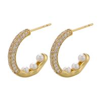 Cubic Zirconia Micro Pave Brass Earring plated micro pave cubic zirconia & for woman & with plastic pearl 19mm Sold By Pair