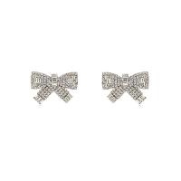 Tibetan Style Stud Earring, Bowknot, platinum color plated, for woman & with rhinestone, nickel, lead & cadmium free, 22x34mm, Sold By Pair
