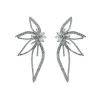 Tibetan Style Stud Earring, with Glass Rhinestone, Leaf, plated, for woman & hollow, more colors for choice, 50x105mm, Sold By Pair