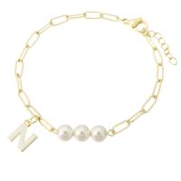 Bracelets en laiton, avec Shell Pearl, Placage de couleur d'or, pour femme & émail, Longueur:Environ 8 pouce, Vendu par PC