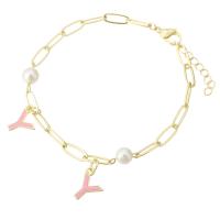 Bracelets en laiton, avec Shell Pearl, Placage de couleur d'or, pour femme & émail, Longueur:Environ 8.4 pouce, Vendu par PC