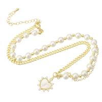 Cubic Zircon Micro Pave Brass Necklace, with Shell Pearl & Shell, gold color plated, micro pave cubic zirconia & for woman, Length:Approx 17 Inch, Sold By PC