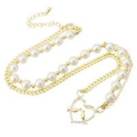 Cubic Zirconia Micro Pave Brass Bracelet, with Shell Pearl, gold color plated, micro pave cubic zirconia & for woman, Length:Approx 18 Inch, Sold By PC
