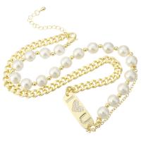 Cubic Zircon Micro Pave Brass Necklace with Shell Pearl gold color plated micro pave cubic zirconia & for woman Length Approx 18.5 Inch Sold By PC