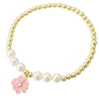Bracelet cubique en laiton zircon pavent, avec Shell Pearl, fleur, Placage de couleur d'or, pavé de micro zircon & pour femme & émail, rose, Longueur Environ 7 pouce, Vendu par PC