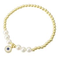 Bracelet cubique en laiton zircon pavent, avec Shell Pearl, Placage de couleur d'or, pavé de micro zircon & pour femme & émail, Longueur:Environ 7 pouce, Vendu par PC