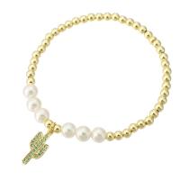Cubic Zirconia Micro Pave Brass Bracelet with Shell Pearl Opuntia Stricta gold color plated micro pave cubic zirconia & for woman Length Approx 7 Inch Sold By PC