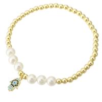 Bracelet cubique en laiton zircon pavent, avec Shell Pearl, main, Placage de couleur d'or, pavé de micro zircon & pour femme, Longueur Environ 7 pouce, Vendu par PC