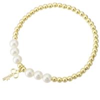 Bracelet cubique en laiton zircon pavent, avec Shell Pearl, clé, Placage de couleur d'or, pavé de micro zircon & pour femme, Longueur:Environ 7 pouce, Vendu par PC
