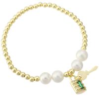 Cubic Zirconia Micro Pave Brass Bracelet, with Shell Pearl, Lock and Key, gold color plated, micro pave cubic zirconia & for woman, Length:Approx 7 Inch, Sold By PC