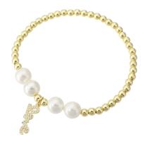 Cubic Zirconia Micro Pave Brass Bracelet, with Shell Pearl, gold color plated, micro pave cubic zirconia & for woman, Length:Approx 7 Inch, Sold By PC