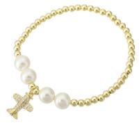 Cubic Zirconia Micro Pave Brass Bracelet with Shell Pearl Airplane gold color plated micro pave cubic zirconia & for woman Length Approx 7 Inch Sold By PC