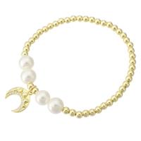 Bracelet cubique en laiton zircon pavent, avec Shell Pearl, lune, Placage de couleur d'or, pavé de micro zircon & pour femme, Longueur:Environ 7 pouce, Vendu par PC