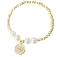 Bracelet cubique en laiton zircon pavent, avec Shell Pearl, Placage de couleur d'or, pavé de micro zircon & pour femme & émail, Longueur:Environ 7 pouce, Vendu par PC