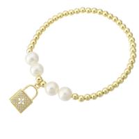 Bracelet cubique en laiton zircon pavent, avec Shell Pearl, cadnas, Placage de couleur d'or, pavé de micro zircon & pour femme, Longueur:Environ 7 pouce, Vendu par PC