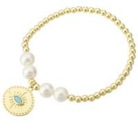 Bracelets en laiton, avec Shell Pearl & pierre gemme, Placage de couleur d'or, pour femme, Longueur:Environ 7 pouce, Vendu par PC