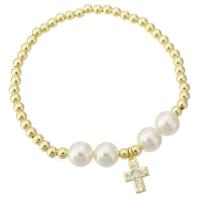 Bracelet cubique en laiton zircon pavent, avec Shell Pearl, croix, Placage de couleur d'or, pavé de micro zircon & pour femme, Longueur:Environ 7 pouce, Vendu par PC