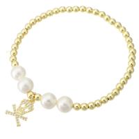 Bracelet cubique en laiton zircon pavent, avec Shell Pearl, crane, Placage de couleur d'or, pavé de micro zircon & pour femme, Longueur:Environ 7 pouce, Vendu par PC