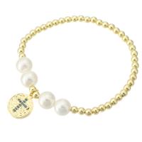 Bracelet cubique en laiton zircon pavent, avec Shell Pearl, Placage de couleur d'or, pavé de micro zircon & pour femme, Longueur:Environ 7 pouce, Vendu par PC