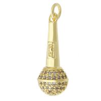 Cubic Zirconia Micro Pave Brass Pendant, Microphone, gold color plated, micro pave cubic zirconia, 9x23.50x9mm, Hole:Approx 2mm, Sold By PC