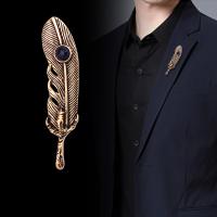 Tibetan Style Brooches, Feather, plated, for man & with rhinestone, more colors for choice, nickel, lead & cadmium free, 65x13mm, Sold By PC