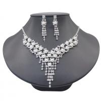 Rhinestone Jewelry Sets, earring & necklace, Brass, silver color plated, three pieces & fashion jewelry & for woman & with rhinestone, silver color, 80mm,65mm, Length:44 cm, Sold By Set