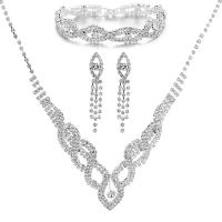 Wedding Jewelry Sets, bracelet & earring & necklace, Brass, silver color plated, fashion jewelry & different styles for choice & for woman & with rhinestone, silver color, Sold By Set