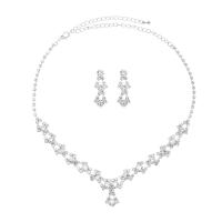 Rhinestone Jewelry Sets, earring & necklace, Brass, with 15cm extender chain, silver color plated, three pieces & fashion jewelry & for woman & with rhinestone, silver color, 12x32mm,105mm, Length:33 cm, Sold By Set