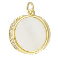 Bijoux pendentifs en laiton, avec coquille, Plat rond, Placage de couleur d'or, pavé de micro zircon, 18x18x2mm, Trou:Environ 3mm, Vendu par PC