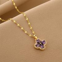 Titanium Steel Necklace, with 1.97inch extender chain, Four Leaf Clover, Vacuum Ion Plating, fashion jewelry & micro pave cubic zirconia & for woman, golden, Length:Approx 17.72 Inch, Sold By PC