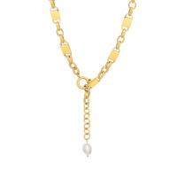 Titanium Steel Necklace, with Freshwater Pearl, with 3cm extender chain, Vacuum Ion Plating, for woman, golden, 8x9mm, Length:Approx 39 cm, Sold By PC