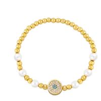 Cubic Zirconia Micro Pave Brass Bracelet, with Plastic Pearl, Round, gold color plated, elastic & micro pave cubic zirconia & for woman, more colors for choice, nickel, lead & cadmium free, 11x11mm, Length:6.7 Inch, Sold By PC