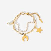 Stainless Steel Jewelry Bracelet, 304 Stainless Steel, with Plastic Pearl, with 1.57inch extender chain, Moon and Star, 18K gold plated, Double Layer & fashion jewelry & for woman, golden, Sold Per Approx 6.69 Inch, Approx 7.09 Inch Strand