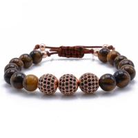 Natural Tiger Eye Bracelets, with Brass, Round, plated, Adjustable & fashion jewelry & micro pave cubic zirconia, more colors for choice, 10mm,8mm, Length:16-22 cm, Sold By PC