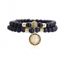 Gemstone Bracelets Lava with Black Agate & Brass Flat Round plated 2 pieces & fashion jewelry & micro pave cubic zirconia Length 18-22 cm Sold By Set
