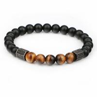 Gemstone Bracelets Black Agate with Tiger Eye & Brass plated fashion jewelry & Unisex & micro pave cubic zirconia 8mm Length 18-21 cm Sold By PC