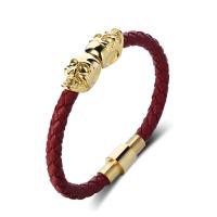 Leather Cord Bracelet with 316L Stainless Steel Skull Vacuum Ion Plating fashion jewelry & for man Length 19-20 cm Sold By PC