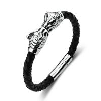 Bracelet cordon en cuir, avec acier inoxydable 316L, léopard, poli, bijoux de mode & pour homme, noire, Longueur:19-20 cm, Vendu par PC