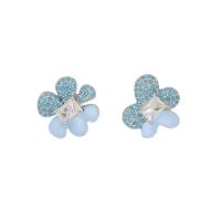 Cubic Zirconia Micro Pave Brass Earring Flower silver color plated fashion jewelry & micro pave cubic zirconia & for woman & enamel blue nickel lead & cadmium free 19mm Sold By Pair