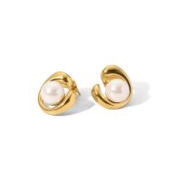 Stainless Steel Stud Earrings, 304 Stainless Steel, with ABS Plastic Pearl, 18K gold plated, fashion jewelry & for woman, golden, 18x18mm, Sold By Pair