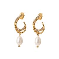 Freshwater Pearl Earrings, 304 Stainless Steel, with Freshwater Pearl, 18K gold plated, fashion jewelry & micro pave cubic zirconia & for woman, golden, 30x11mm, Sold By Pair