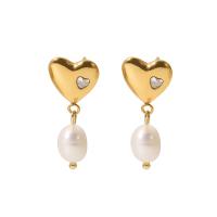 Freshwater Pearl Earrings, 304 Stainless Steel, with Freshwater Pearl, 18K gold plated, fashion jewelry & micro pave cubic zirconia & for woman, golden, 28x12mm, Sold By Pair