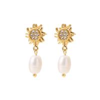 Freshwater Pearl Earrings 304 Stainless Steel with Freshwater Pearl 18K gold plated fashion jewelry & micro pave cubic zirconia & for woman golden Sold By Pair