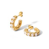Boucle d'oreille de gaujon en acier inoxydable, Acier inoxydable 304, avec Plastique ABS perle, Plaqué or 18K, bijoux de mode & pour femme, doré, 18x22mm, Vendu par paire