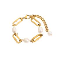 Freshwater Cultured Pearl Bracelet, 304 Stainless Steel, with Freshwater Pearl, with 7cm extender chain, 18K gold plated, fashion jewelry & for woman, golden, 8.85mm, Sold Per 16 cm Strand