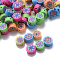 Polymer Clay Beads Flat Round & DIY & with flower pattern mixed colors 10mm Sold By Bag