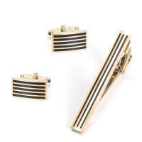 Brass Tie Clip Cufflink Set, gold color plated, for man & enamel, golden, nickel, lead & cadmium free, 11x20mm,50x6mm, Sold By Set